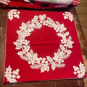 Red and White Embroidered Holly Throw Pillow Cover 17x17